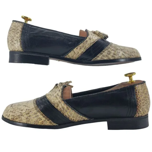 Vintage NEW Exotic Snakeskin 10.5D Dress Shoes Natural Cream Black Tassel Loafer - Picture 5 of 11